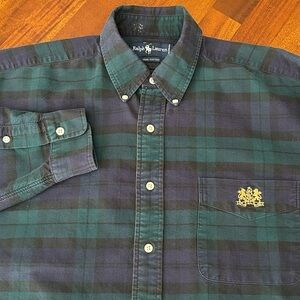 Vintage Ralph Lauren Navy Green Blackwatch Tartan Plaid Crest Button Up Shirt